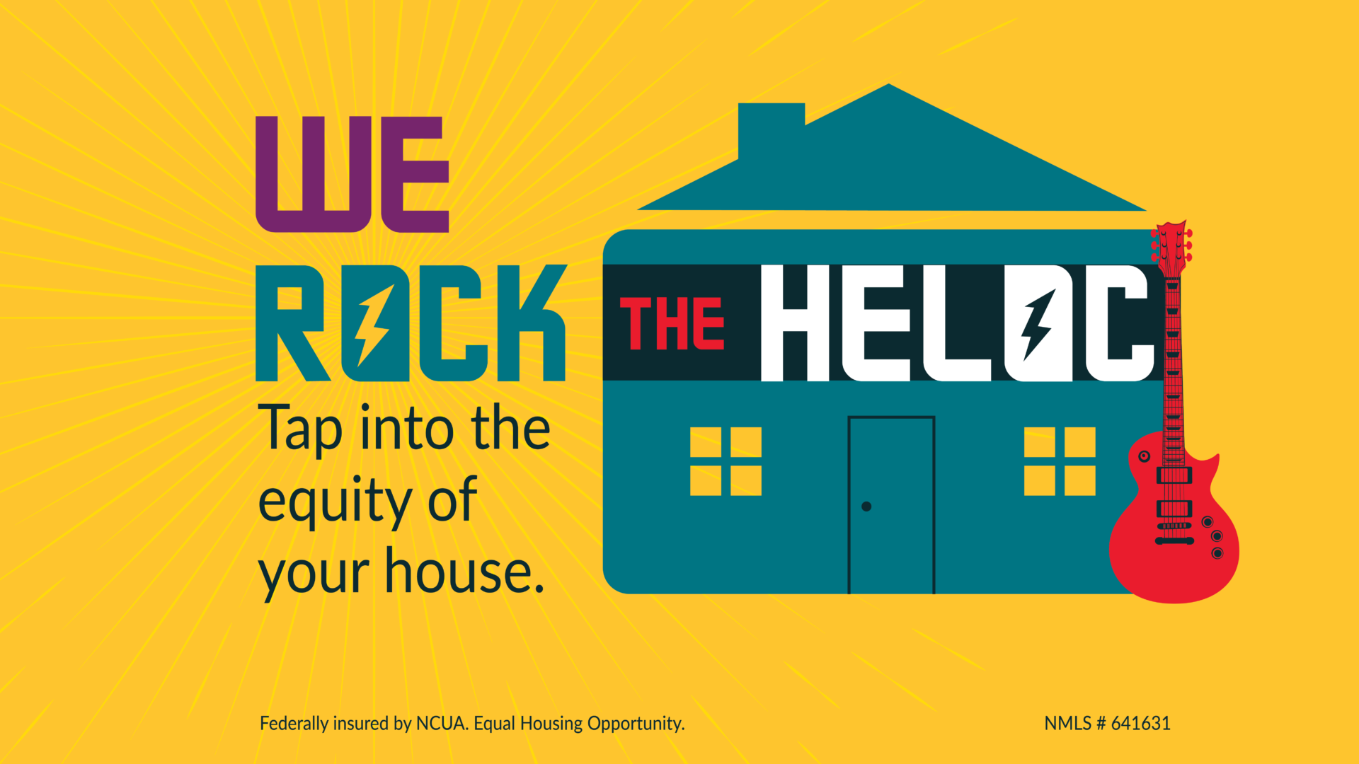 We ROCK the HELOC - Home Equity Line of Credit. Tap into the equity of your house. House shaped credit card with guitar.