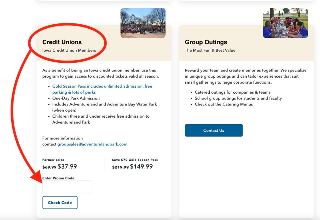 Adventureland Group Ticket Website Preview - scroll to Credit Unions